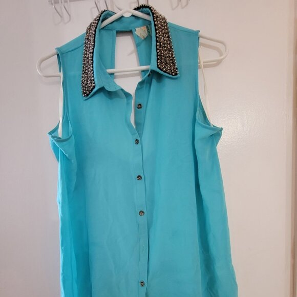 Andree Large women turquoise sheer shirt beadwork on color - Picture 2 of 16